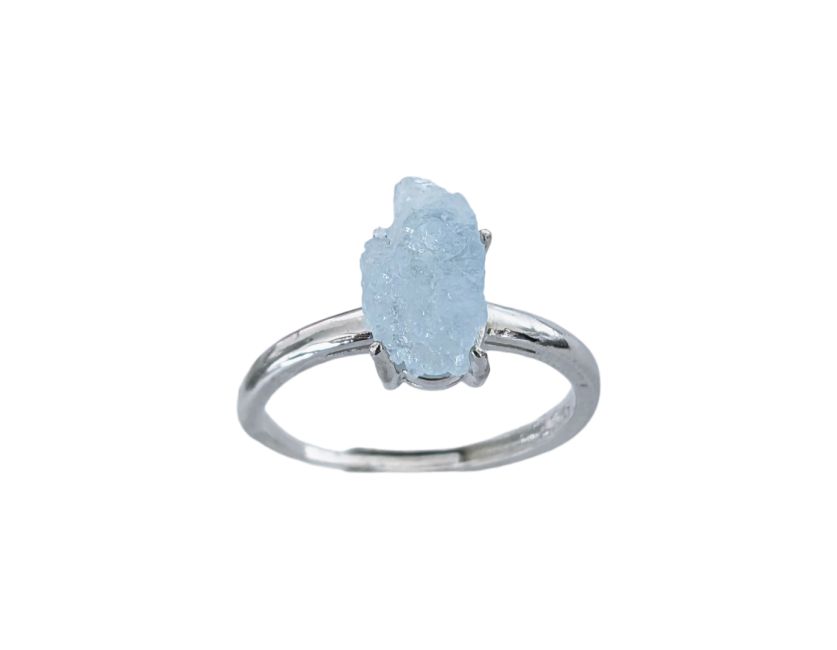 Bague en Cuivre Blanc Ajustable Pierre Brute Aigue Marine AA