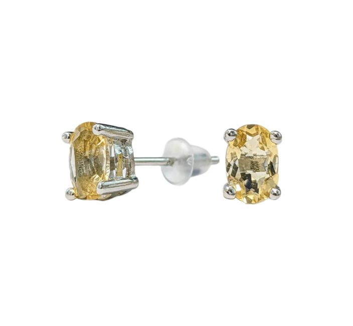 Boucles d'Oreilles Solitaire en Cuivre Blanc Facettée Citrine Naturelle AA stud