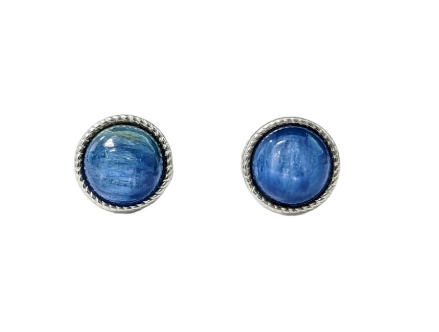 Runde Ohrringe aus weißem Kupfer, natürlicher blauer Kyanit-AAA-Ohrstecker