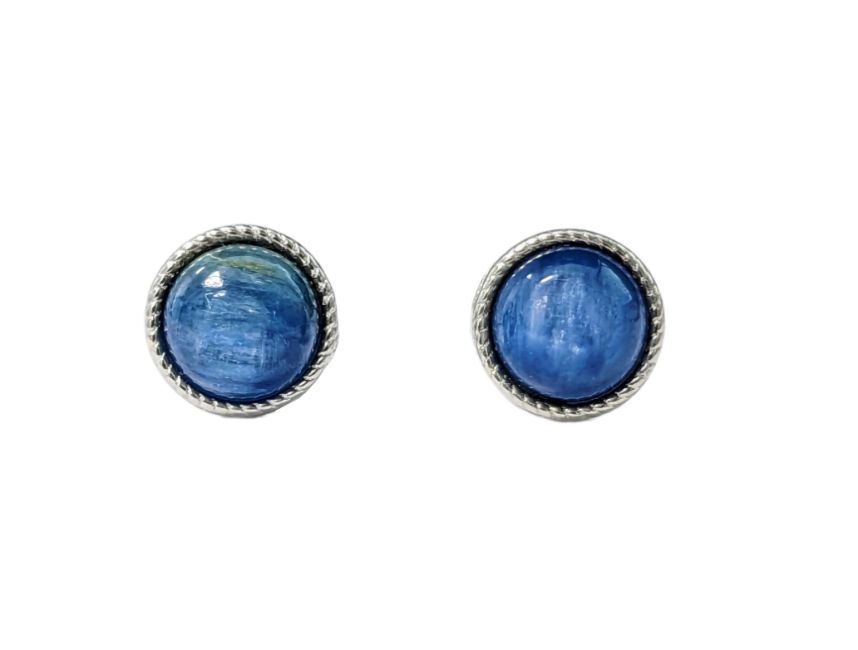 Boucles d'Oreilles Ronde en Cuivre Blanc Cyanite Bleue Naturelle AAA stud