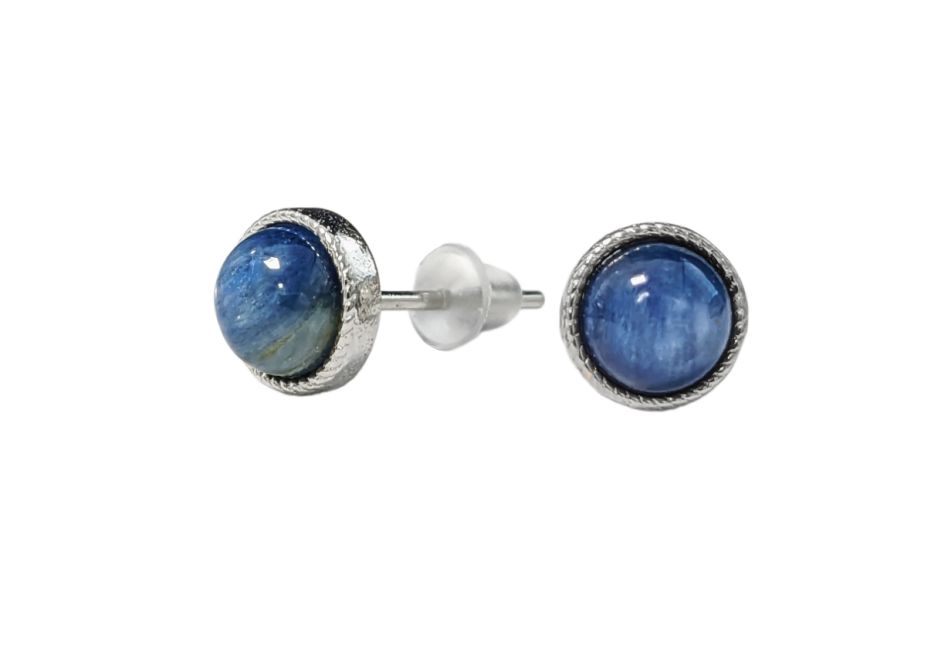 Runde Ohrringe aus weißem Kupfer, natürlicher blauer Kyanit-AAA-Ohrstecker