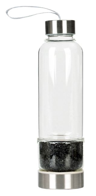 Flasche mit schwarzen Obsidiankristallen