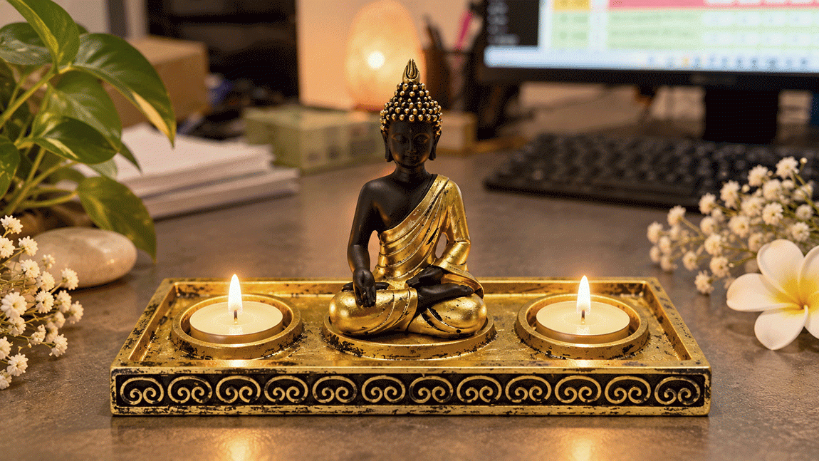 Bougeoir Bouddha Méditation Doré et Noir en Résine 22 cm chez Arabesk|fr