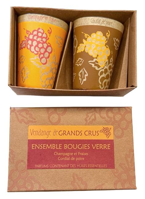 Boite de 2 Bougies Maroma en verre Champagne et Fraises - Cordial de Poire 70g chez Arabesk|fr