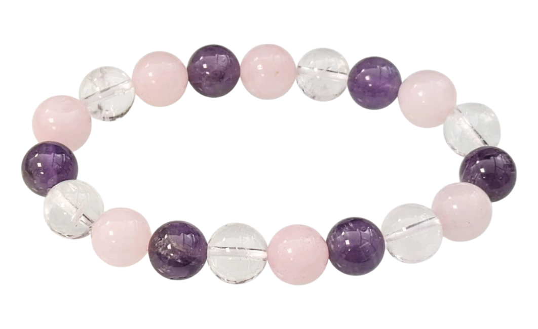 Bracelet Amethyste, Cristal de Roche, Quartz Rose A perles 10mm chez Arabesk