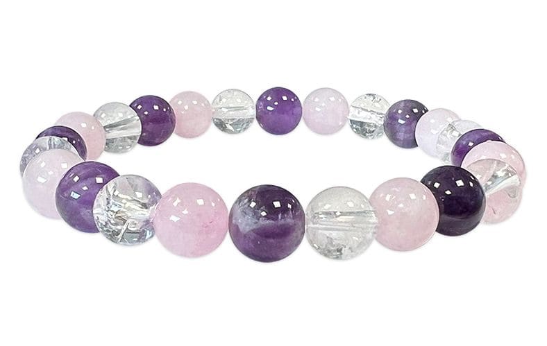 Bracelet Amethyste & Cristal de roche & Quartz rose A perles 8mm