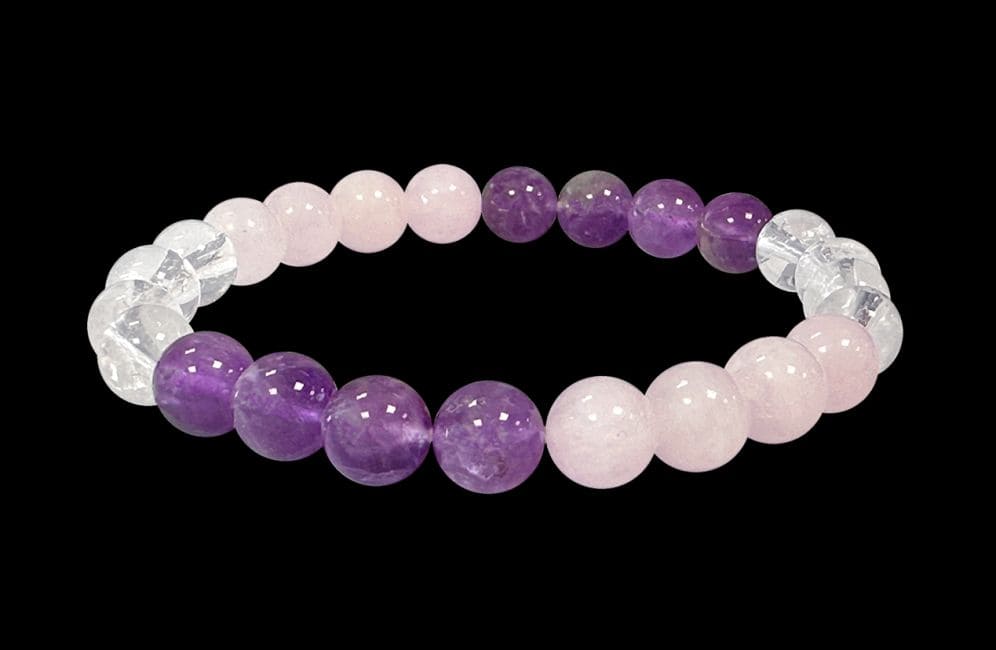 Bracelet Amethyste & Cristal de roche & Quartz rose A perles 8mm