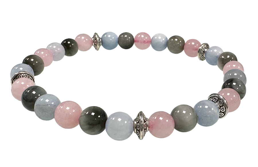 Bracelet Aigue Marine, Quartz rose, Oeil de Faucon & Charms A perles 6mm