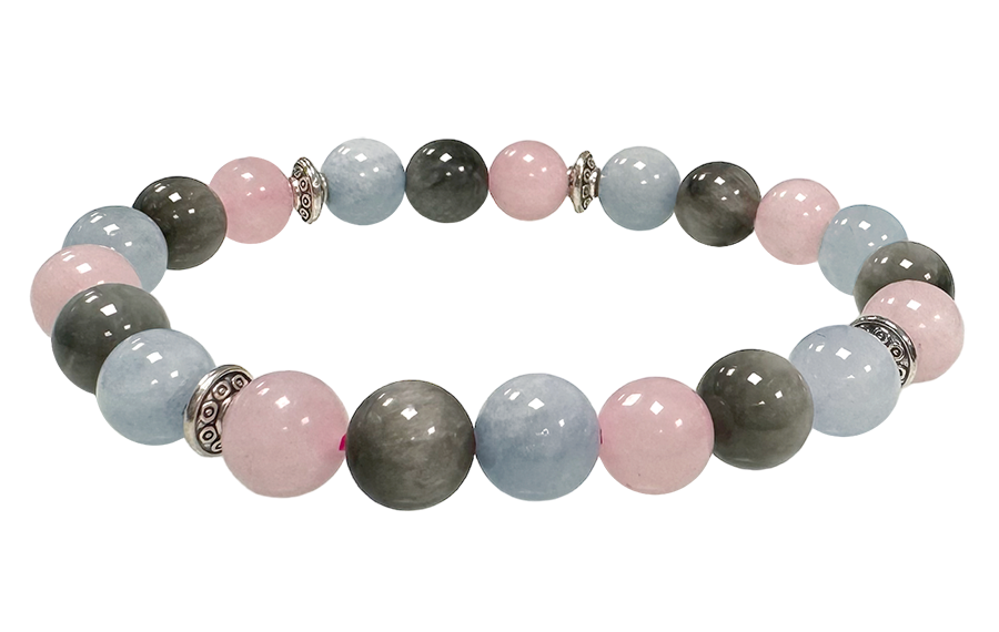 Bracelet Aigue Marine, Quartz rose, Oeil de Faucon & Charms A perles 8mm