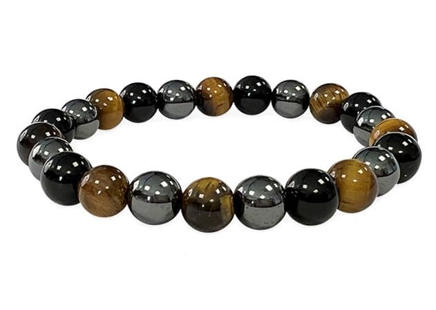 Bracelet Hématite, Œil de tigre, Obsidienne Noire perles 8mm