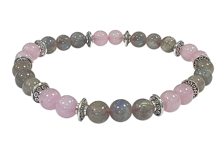 Bracelet Labradorite, Quartz rose & Charms A perles 6mm