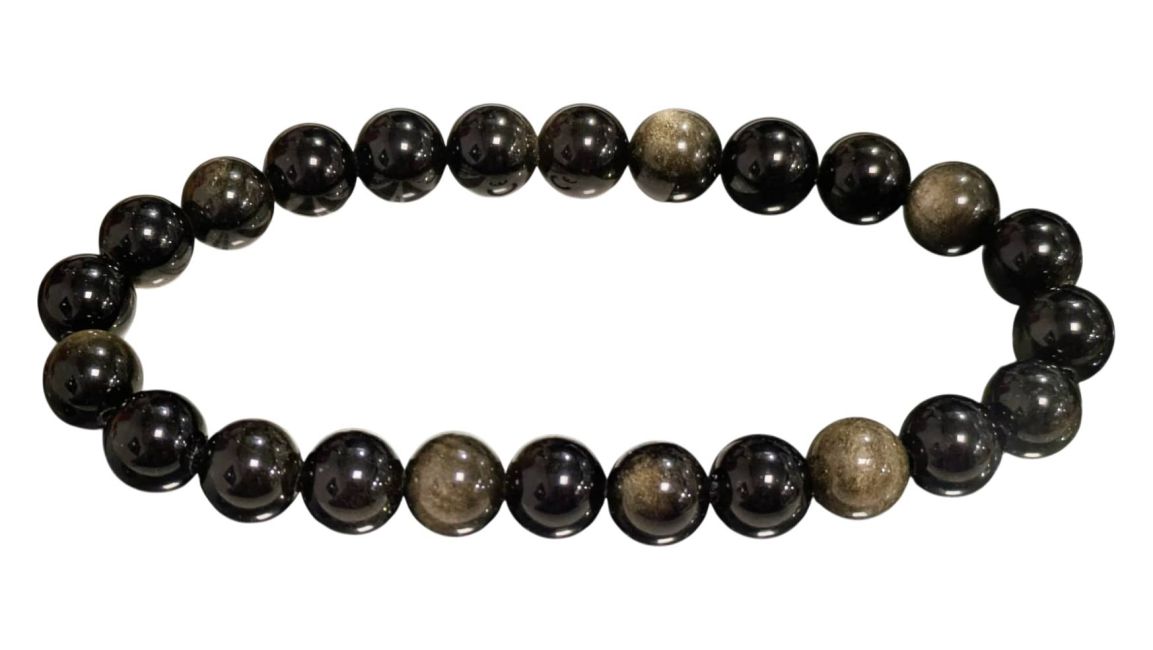 Bracelet perles Obsidienne noire dorée A 8mm