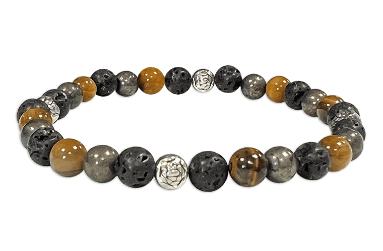 Bracelet Œil de Tigre, Pyrite, Pierre de Lave & Charms A perles 6mm