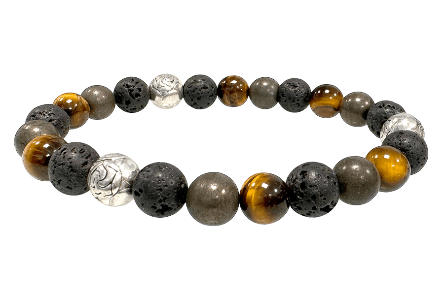 Bracelet Œil de Tigre, Pyrite, Pierre de Lave & Charms A perles 8mm