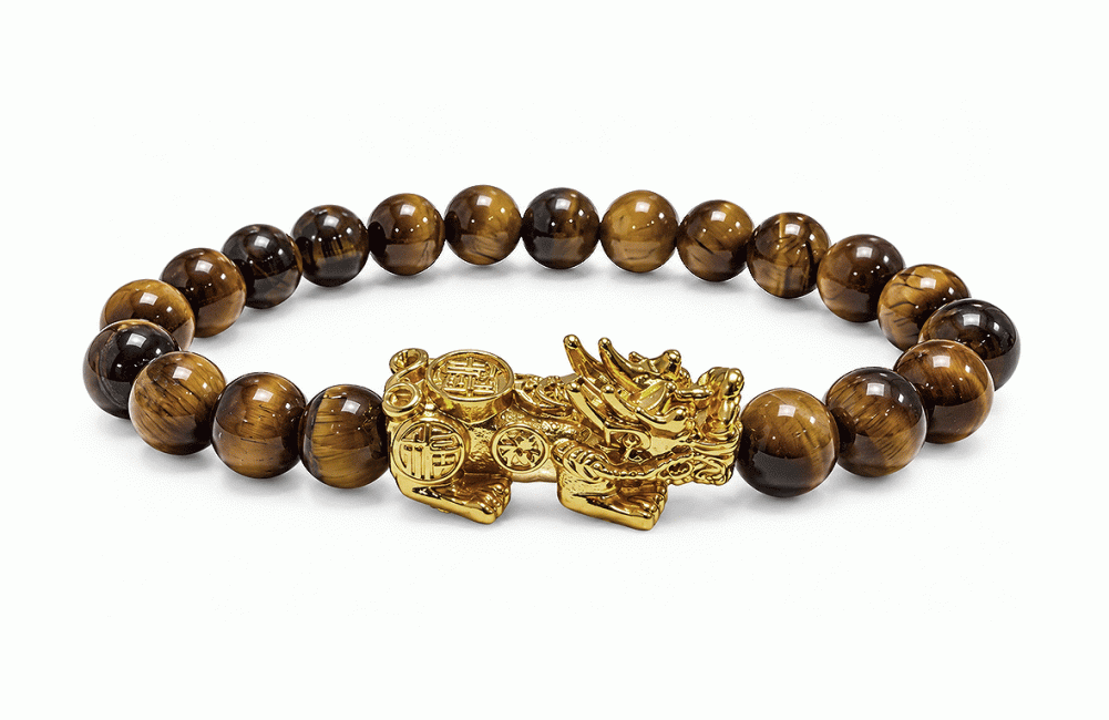 Bracelet Oeil de Tigre A Pixiu Doré Perles Rondes 8 mm chez Arabesk