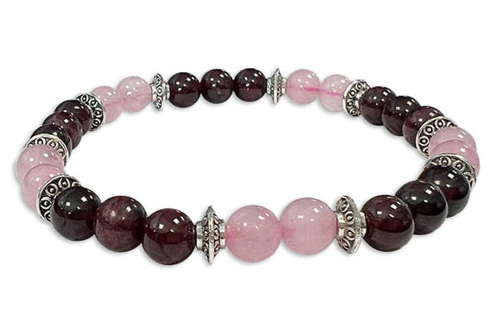 Bracelet Quartz rose, Grenat Rouge & Charms A perles 6mm
