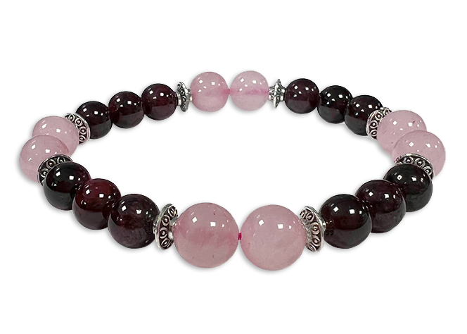 Bracelet Quartz rose, Grenat Rouge & Charms A perles 8mm