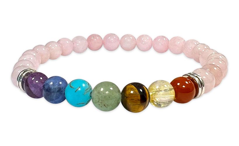 Bracelet quartz rose 7 chakras perles 6mm