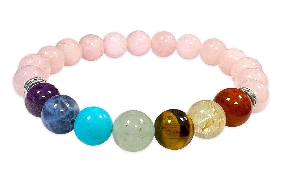 Bracelet quartz rose 7 chakras perles 8mm
