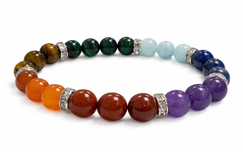 Bracelet 7 chakras & strass A+ perles 8mm chez Arabesk