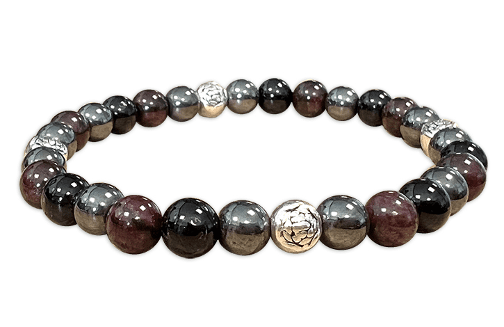 Bracelet Tourmaline noire, Grenat Rouge, Hématite & Charms A perles 6mm