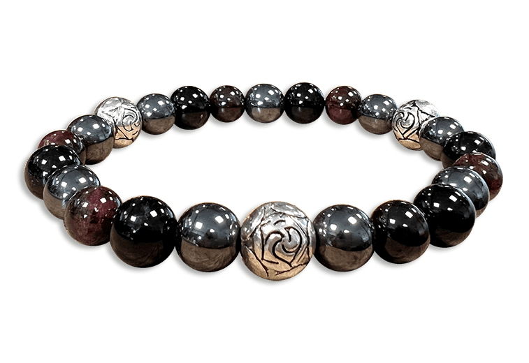 Bracelet Tourmaline noire, Grenat Rouge, Hématite & Charms perles 8mm