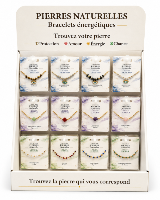 Présentoir bracelets en pierres naturelles et acier inoxydable – 48 bracelets chez Arabesk