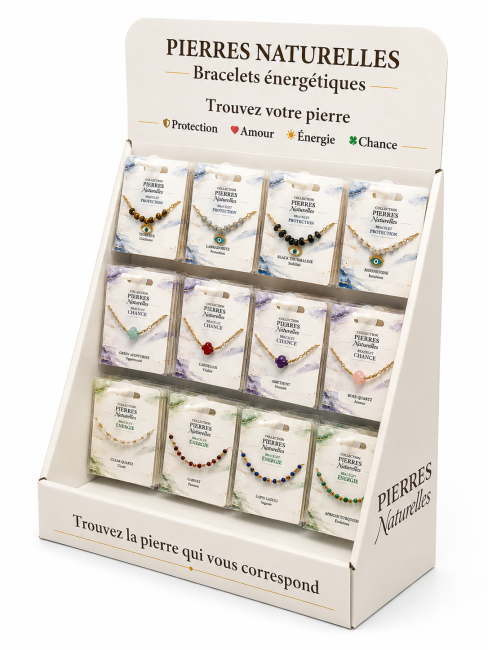 Présentoir bracelets en pierres naturelles et acier inoxydable – 48 bracelets chez Arabesk|fr