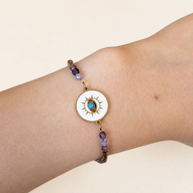 Bracelet Protection en Améthyste A+ – Médaillon Œil Protecteur chez Arabesk