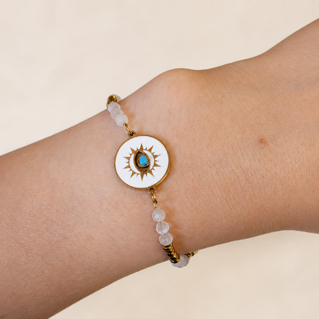Bracelet Protection en Pierre de Lune Blanche A – Médaillon Œil Protecteur chez Arabesk
