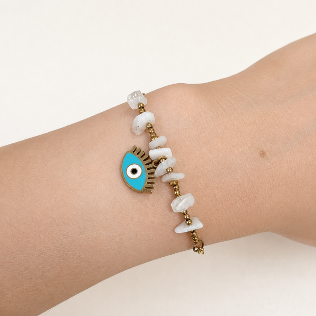 Bracelet Protection en Pierre de Lune Blanche A – Mauvais Œil chez Arabesk