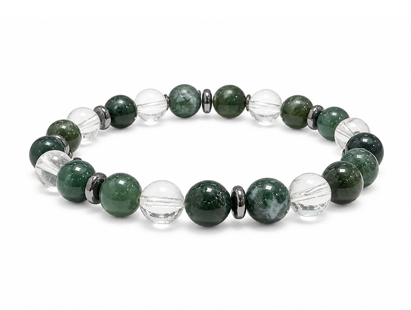 Bracelet Cristal de Roche & Agate Mousse AA perles 8mm