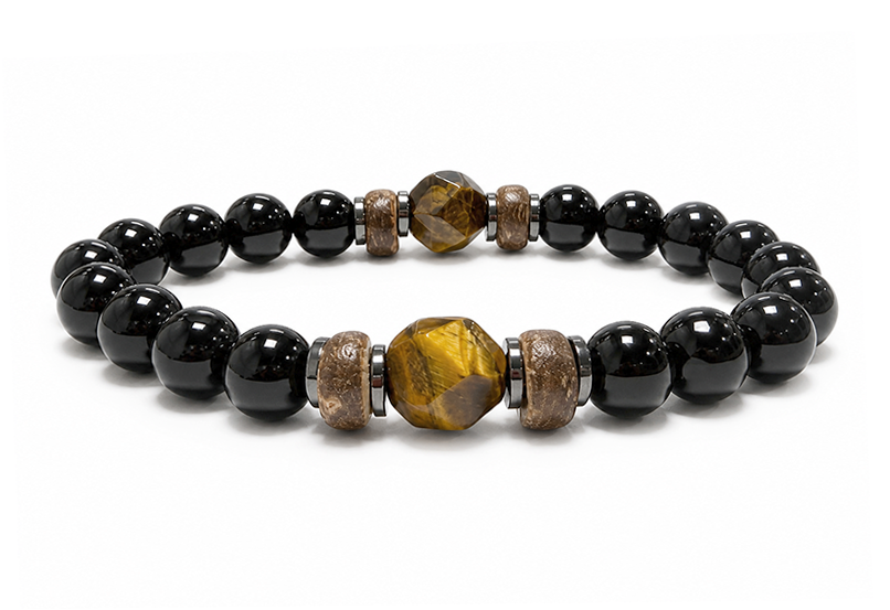 Bracelet Onyx Noir & Œil de Tigre A perles 8mm