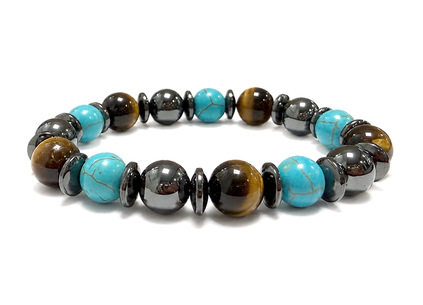 Bracelet Œil de Tigre, Onyx Noir & Turquénite A perles 10mm chez Arabesk