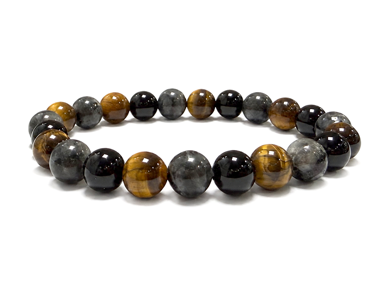 Bracelet Larvikite, Œil de Tigre & Onyx Noir A perles 8mm chez Arabesk