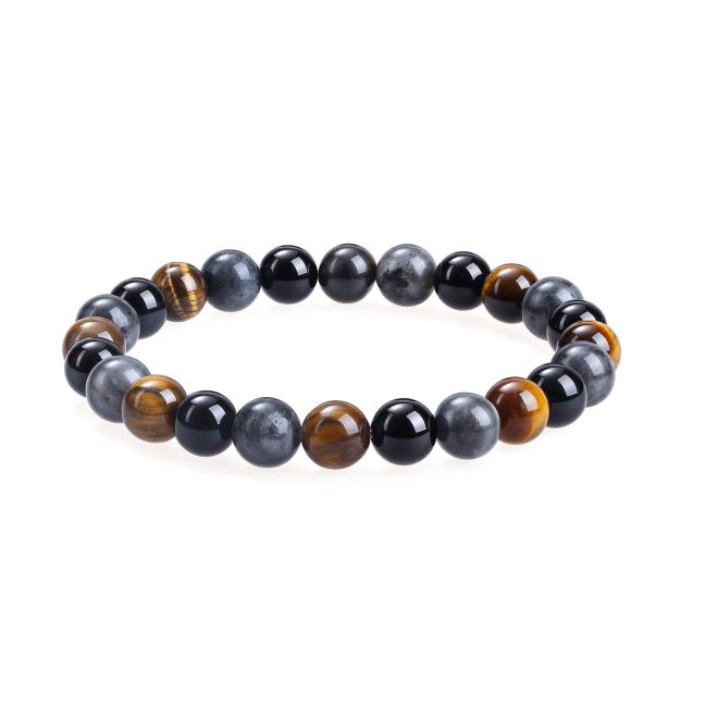 Bracelet Larvikite, Oeil de Tigre, Onyx Noir perles 8 mm