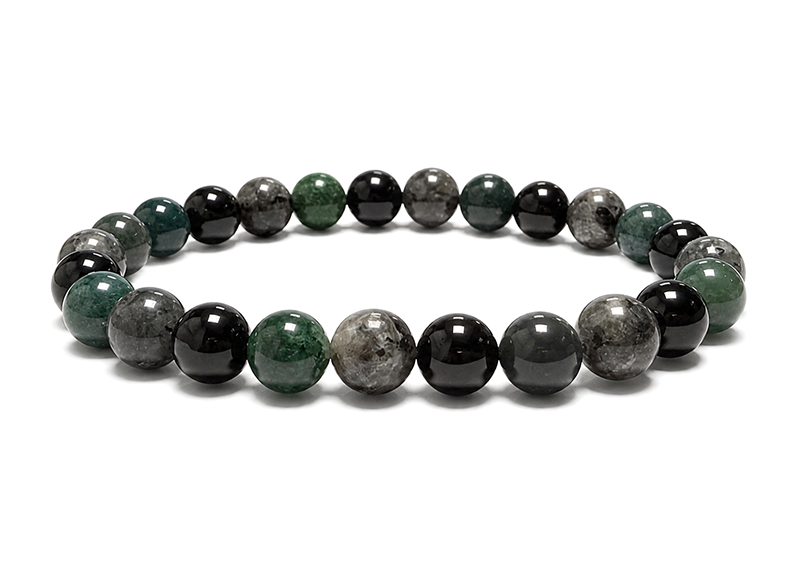 Bracelet Larvikite, Agate Mousse & Onyx Noir A perles 8mm