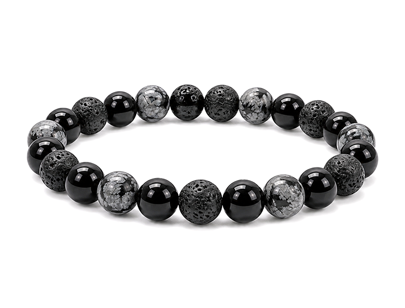 Bracelet Obsidienne Flocon de Neige, Pierre de Lave & Onyx Noir A perles 8mm