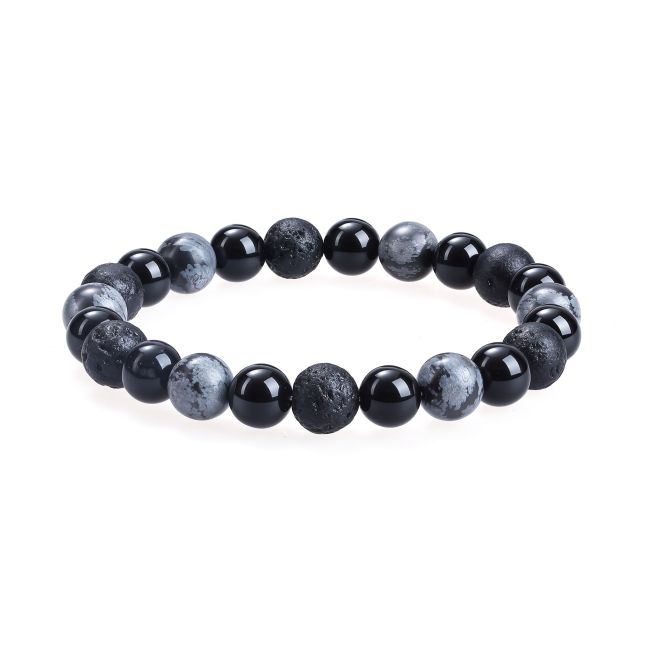 Bracelet Obsidienne Flocon de Neige, Pierre de Lave, Onyx Noir perles 8 mm