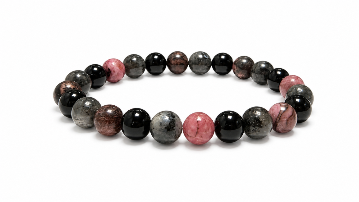 Bracelet Rhodonite, Larvikite & Onyx Noir A perles 8mm