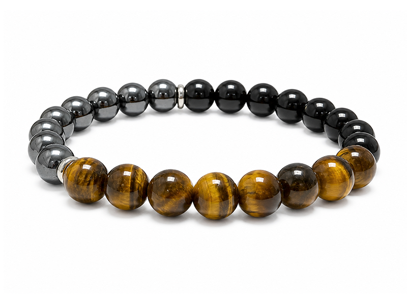 Bracelet Œil de Tigre, Hématite & Onyx Noir A perles 8mm
