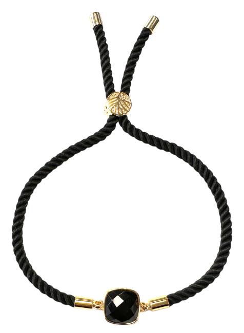 Bracelet Corde Laiton Obsidienne Noire Carré Facetté 11mm