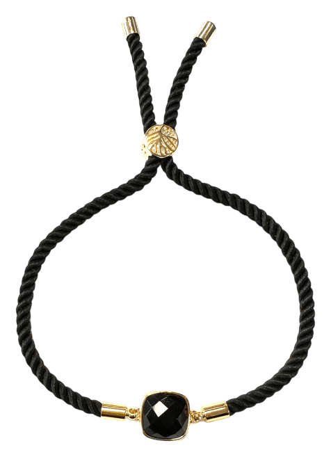 Bracelet Corde Laiton Obsidienne Noire Carré Facetté 11mm