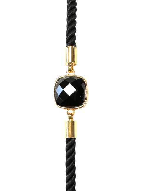 Bracelet Corde Laiton Obsidienne Noire Carré Facetté 11mm