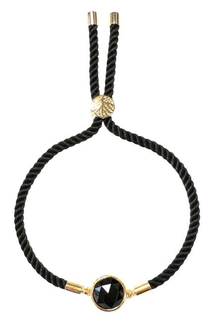 Bracelet Corde Laiton Obsidienne Noire Rond Facetté 12mm