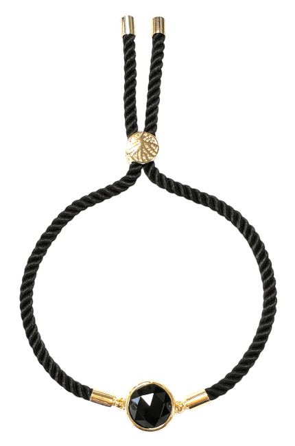 Bracelet Corde Laiton Obsidienne Noire Rond Facetté 12mm