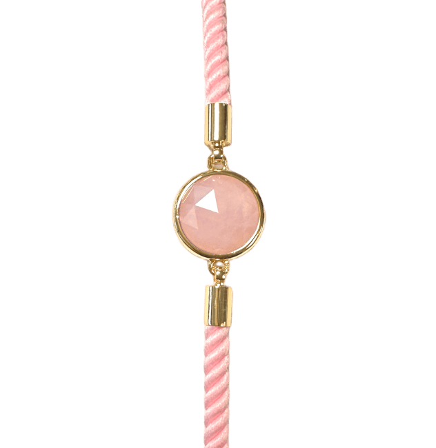 Bracelet Corde Laiton Quartz Rose Rond Facetté 12mm