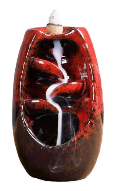Porte Encens Backflow Céramique Rouge Cascade de Feuilles 13cm
