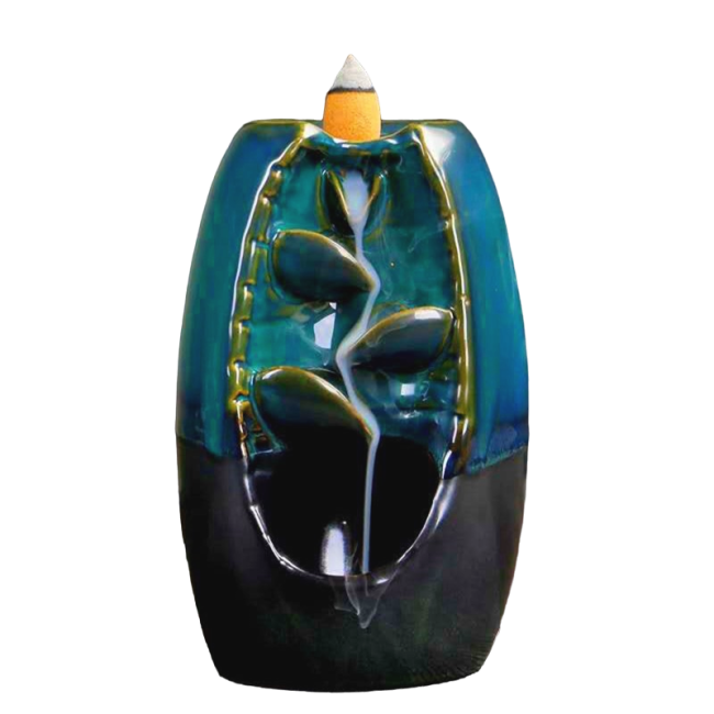 Porte Encens Backflow Céramique  Marron et Bleu Cascade de Feuilles 13cm