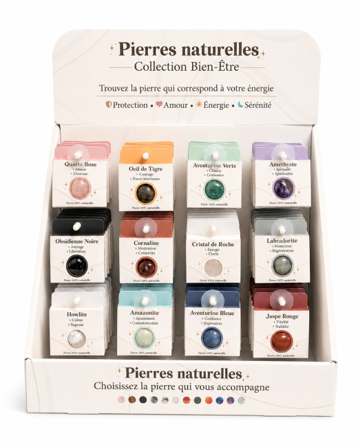 Présentoir de pierres roulées naturelles – 72 Piéces chez Arabesk